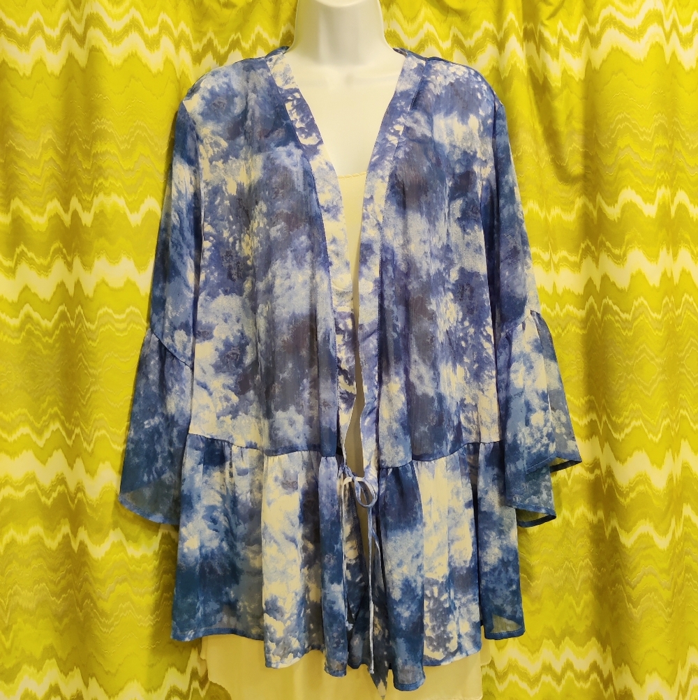 Indigo Tie-dye Print 3/4 Length Bell Sleeve Top